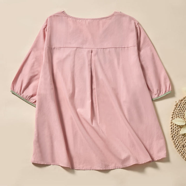 Buddha Stones Casual Floral Leaf Pattern V-Neck Women's Polyester Short Sleeve T-shirt - image 9