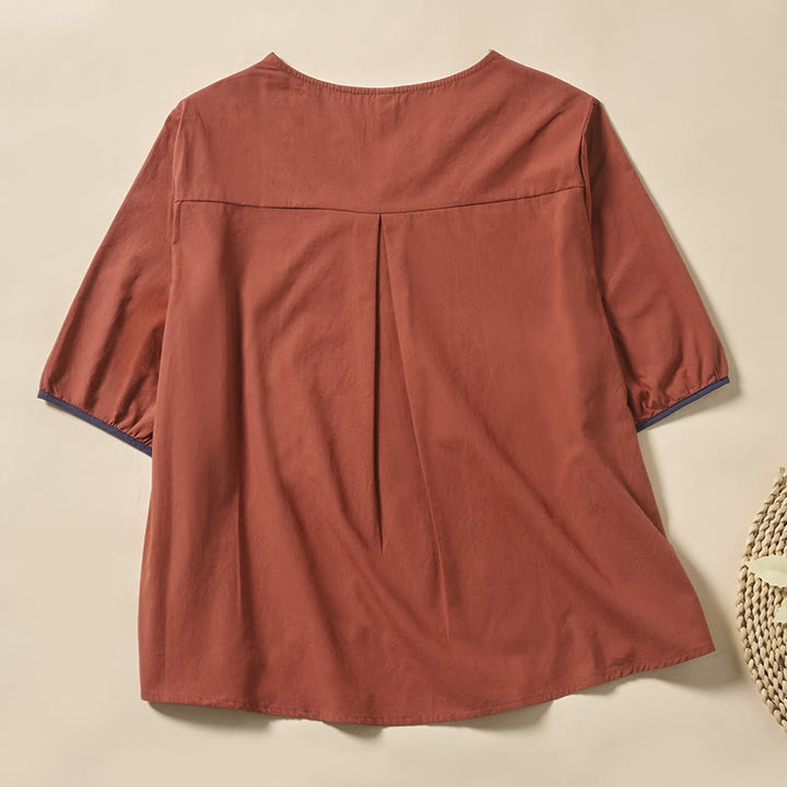 Buddha Stones Casual Floral Leaf Pattern V-Neck Women's Polyester Short Sleeve T-shirt - image 7