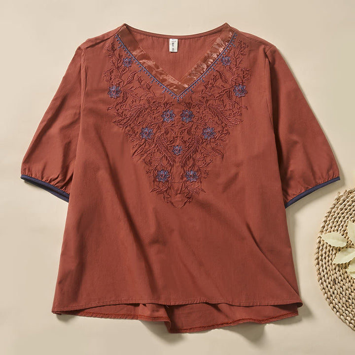Buddha Stones Casual Floral Leaf Pattern V-Neck Women's Polyester Short Sleeve T-shirt - IndianRed - US8-10，UK/AU12-14，EU40-42 (2XL) - image 6