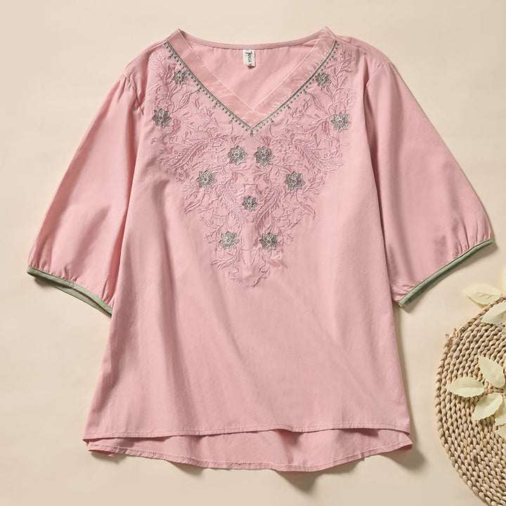 Buddha Stones Casual Floral Leaf Pattern V-Neck Women's Polyester Short Sleeve T-shirt - Pink - US8-10，UK/AU12-14，EU40-42 (2XL) - image 8