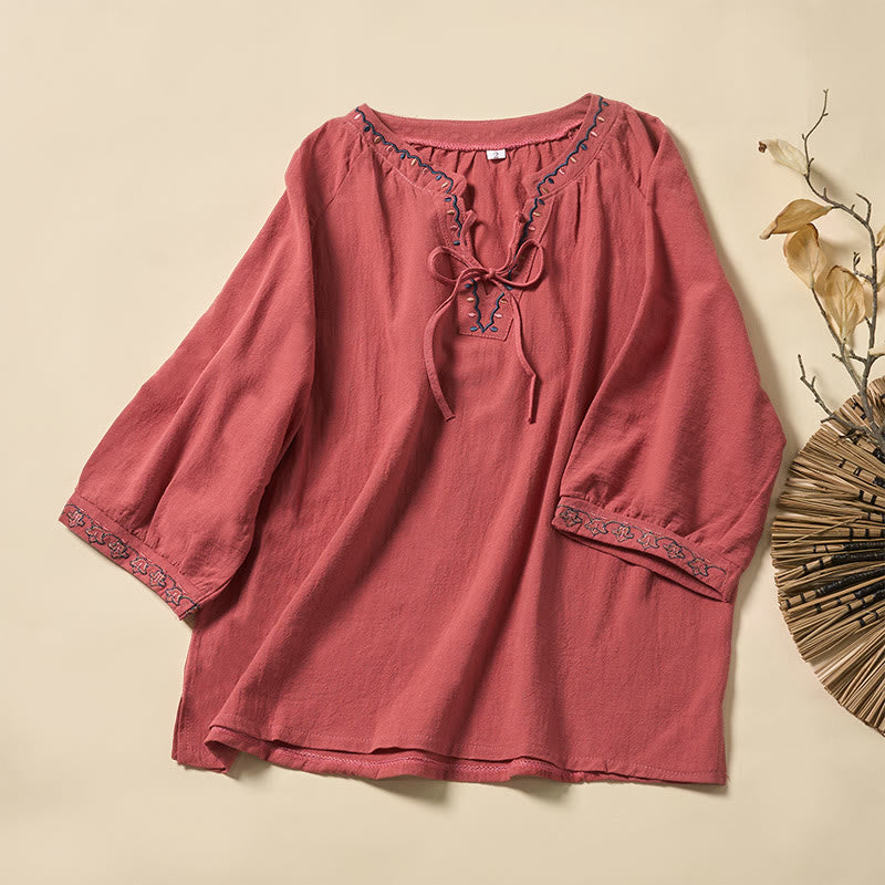 Buddha Stones Summer V-Neck Embroidery Lines Lace-up Cotton Women's Half Sleeve Shirt - Salmon - US12，UK/AU16，EU44 (3XL) - image 5