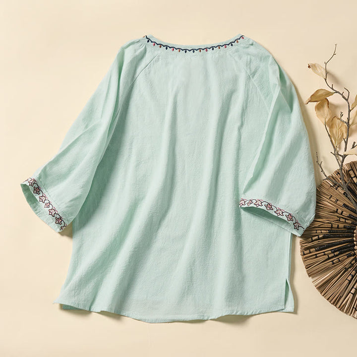 Buddha Stones Summer V-Neck Embroidery Lines Lace-up Cotton Women's Half Sleeve Shirt - image 1