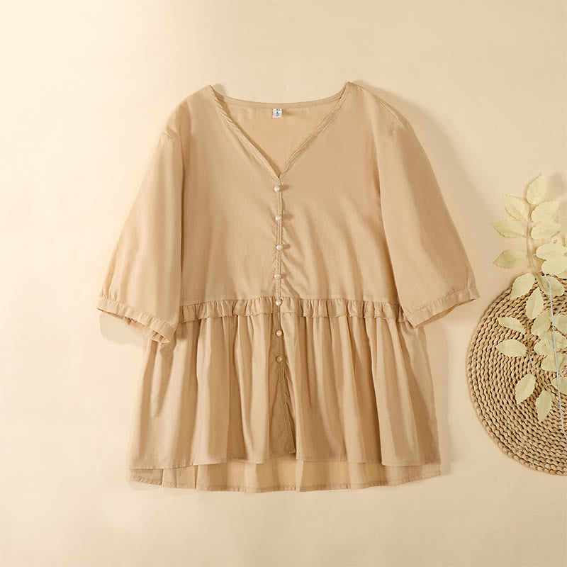 Buddha Stones Summer Solid Color V-Neck Decorative Buttons Design Women's Short Sleeve Shirt - Bisque - US8-10，UK/AU12-14，EU40-42 (2XL) - image 0