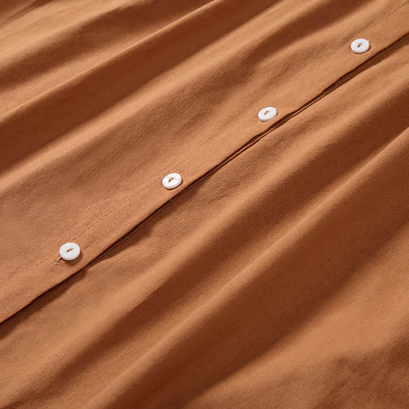 Buddha Stones Summer Solid Color Stand Collar A-line Design Short Sleeve Midi Dress - image 3