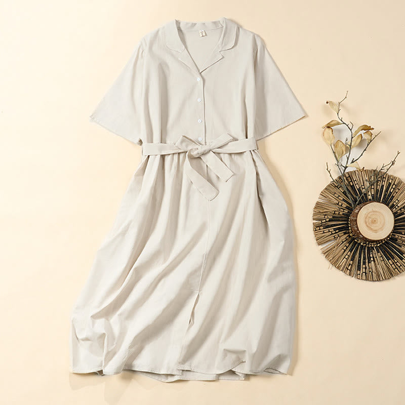 Buddha Stones Summer Solid Color Lace-up A-line Design Short Sleeve Midi Dress With Pockets - Beige - US8-10，UK/AU12-14，EU40-42 (2XL) - image 8