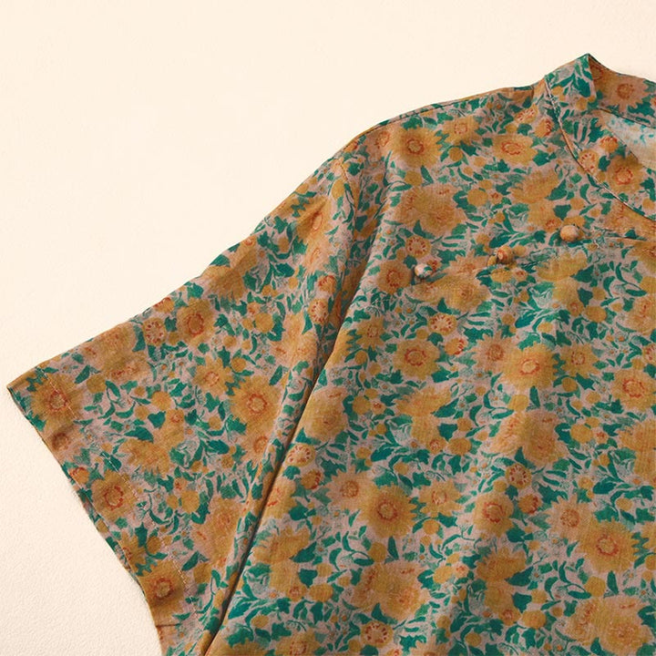 Buddha Stones Summer  Frog-Button Stand Collar Short Sleeve Flower Pattern Women's Cotton Shirt  - image 1