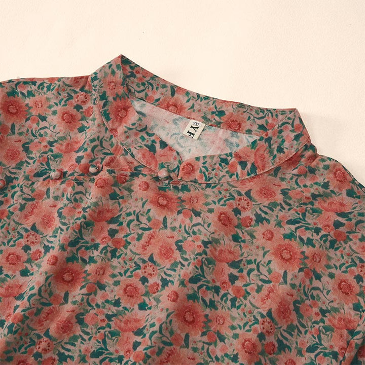 Buddha Stones Summer  Frog-Button Stand Collar Short Sleeve Flower Pattern Women's Cotton Shirt  - image 7