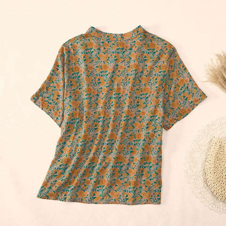 Buddha Stones Summer  Frog-Button Stand Collar Short Sleeve Flower Pattern Women's Cotton Shirt  - image 3
