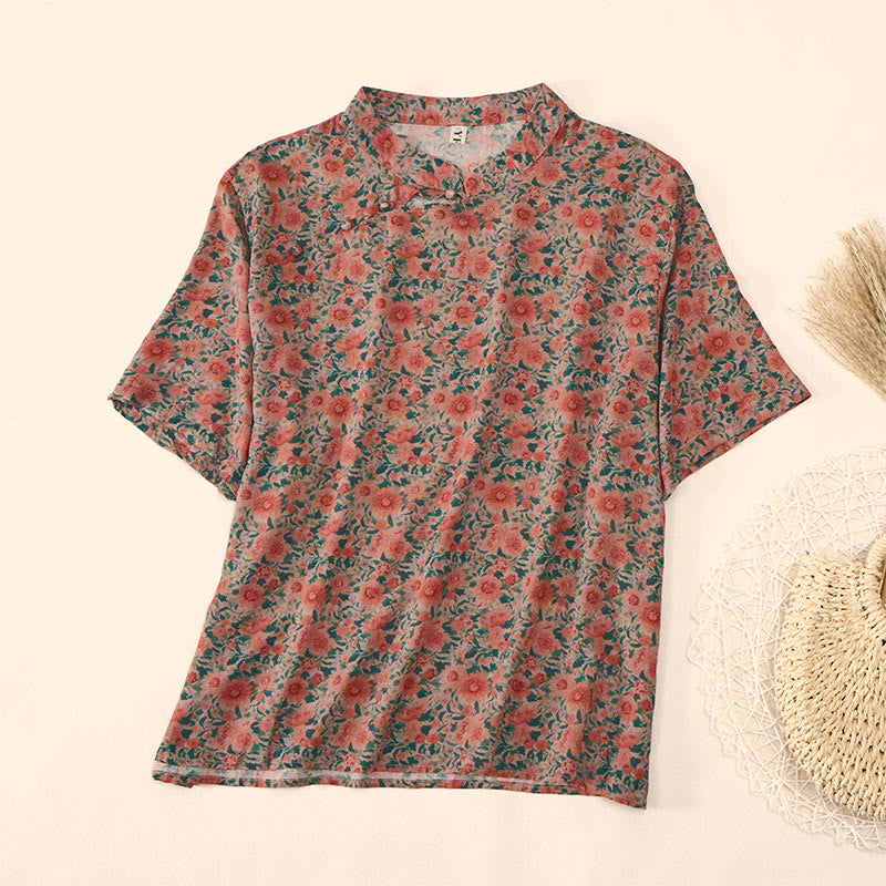 Buddha Stones Summer  Frog-Button Stand Collar Short Sleeve Flower Pattern Women's Cotton Shirt  - Tomato - US12，UK/AU16，EU44 (2XL) - image 6