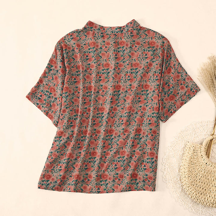 Buddha Stones Summer  Frog-Button Stand Collar Short Sleeve Flower Pattern Women's Cotton Shirt  - image 9