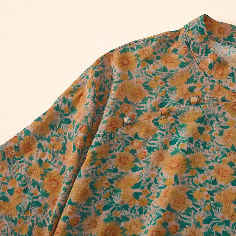 Buddha Stones Summer  Frog-Button Stand Collar Short Sleeve Flower Pattern Women's Cotton Shirt  - image 4