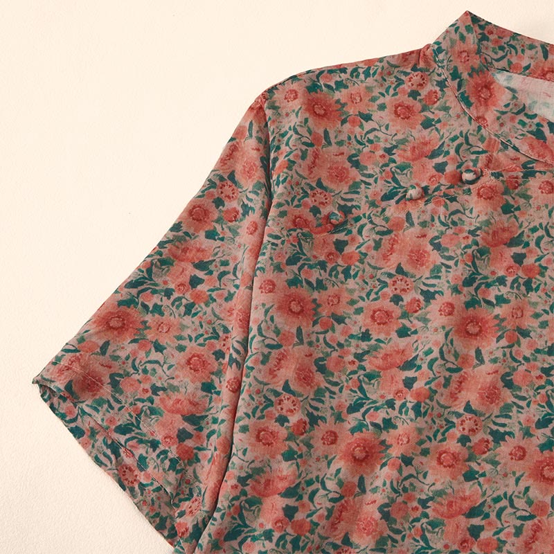 Buddha Stones Summer  Frog-Button Stand Collar Short Sleeve Flower Pattern Women's Cotton Shirt  - image 11