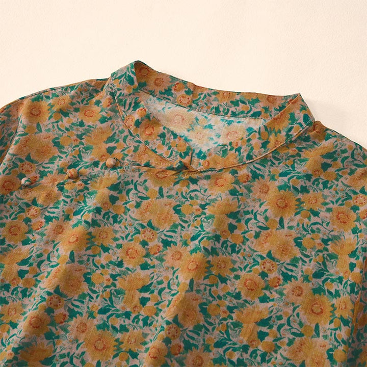 Buddha Stones Summer  Frog-Button Stand Collar Short Sleeve Flower Pattern Women's Cotton Shirt  - image 2
