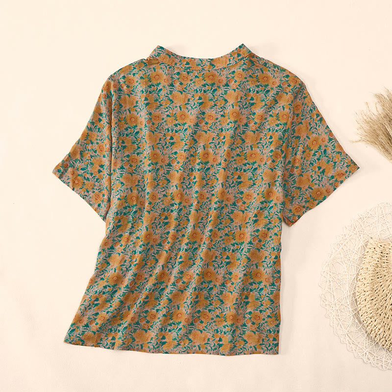 Buddha Stones Summer  Frog-Button Stand Collar Short Sleeve Flower Pattern Women's Cotton Shirt  - image 3