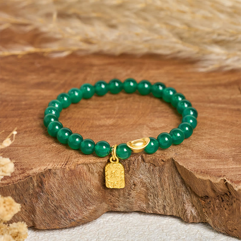 Buddha Stones Green Agate Ingot Fu Character Relaxation Hope Bracelet - Green Agate (Wrist Circumference: 14-15cm) - image 0