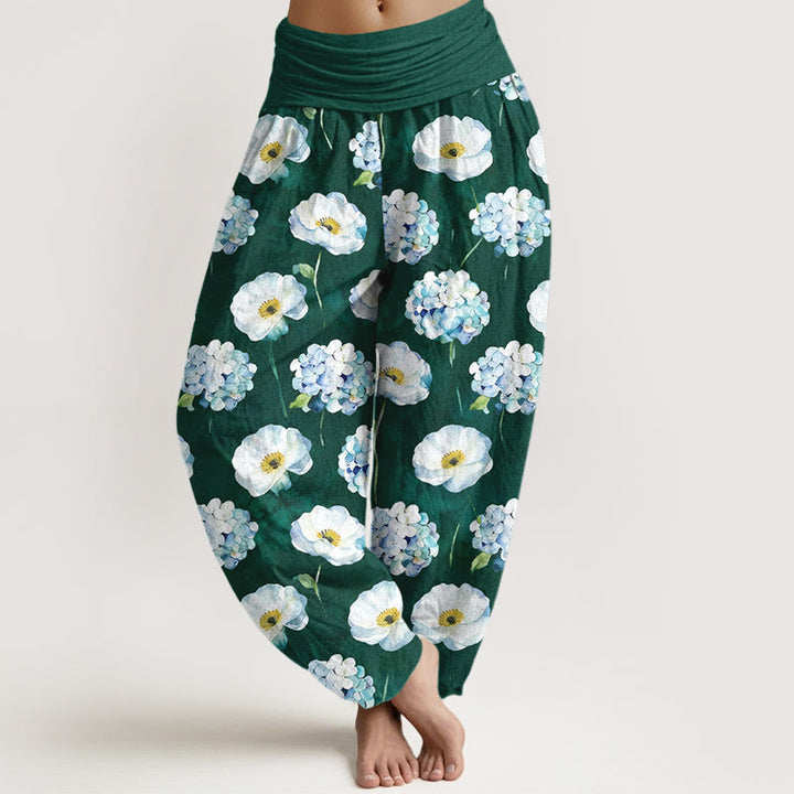 Buddha Stones Cotton Fresh Elegant Flower Pattern Women's Elastic Waist Harem Pants - DarkGreen - US16，UK/AU20，EU48 (3XL) - image 0
