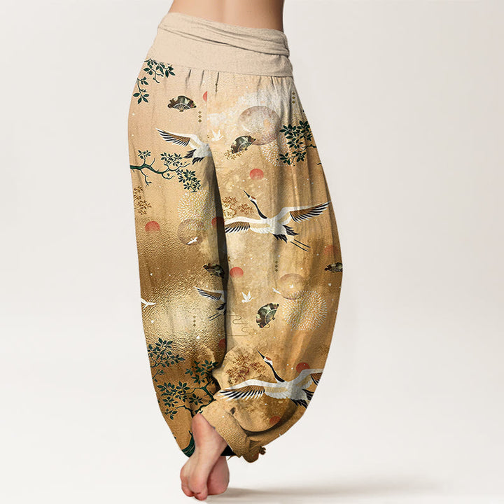 Buddha Stones Cotton Traditional Crane Pine Tree Bird Fan Sun Pattern Women's Elastic Waist Harem Pants - image 1