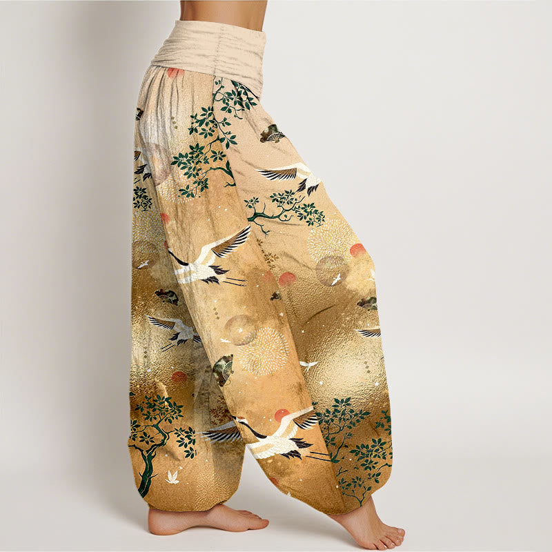 Buddha Stones Cotton Traditional Crane Pine Tree Bird Fan Sun Pattern Women's Elastic Waist Harem Pants - image 2