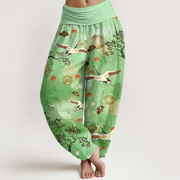Buddha Stones Cotton Traditional Crane Pine Tree Bird Fan Sun Pattern Women's Elastic Waist Harem Pants - LimeGreen - US16，UK/AU20，EU48 (3XL) - image 5