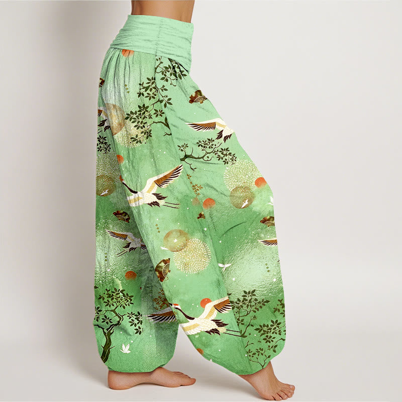 Buddha Stones Cotton Traditional Crane Pine Tree Bird Fan Sun Pattern Women's Elastic Waist Harem Pants - image 7