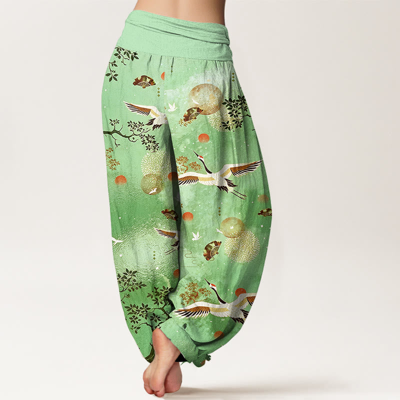 Buddha Stones Cotton Traditional Crane Pine Tree Bird Fan Sun Pattern Women's Elastic Waist Harem Pants - image 6