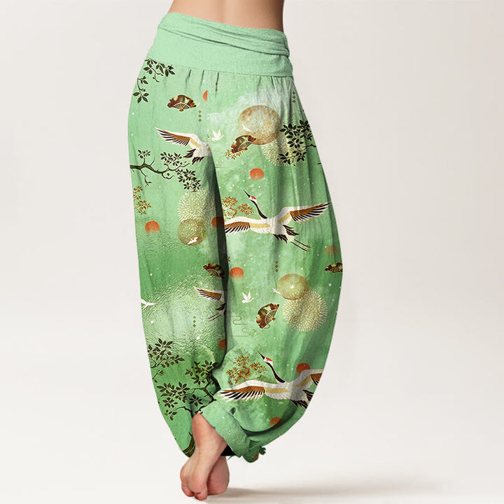 Buddha Stones Cotton Traditional Crane Pine Tree Bird Fan Sun Pattern Women's Elastic Waist Harem Pants - image 6