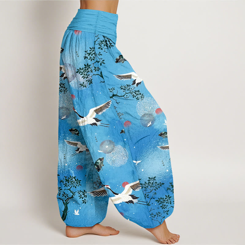 Buddha Stones Cotton Traditional Crane Pine Tree Bird Fan Sun Pattern Women's Elastic Waist Harem Pants - image 10