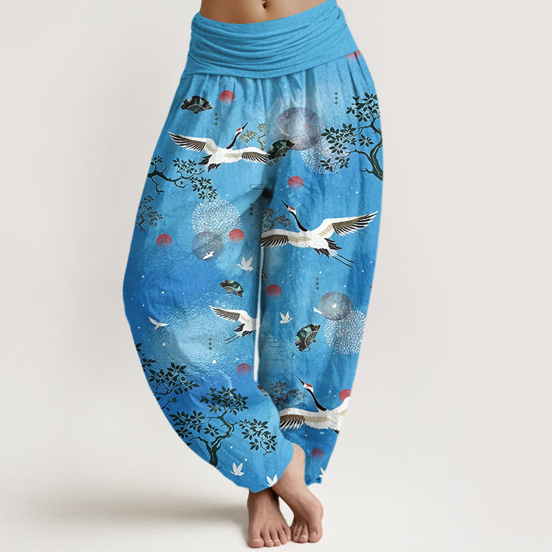 Buddha Stones Cotton Traditional Crane Pine Tree Bird Fan Sun Pattern Women's Elastic Waist Harem Pants - DodgerBlue - US16，UK/AU20，EU48 (3XL) - image 8
