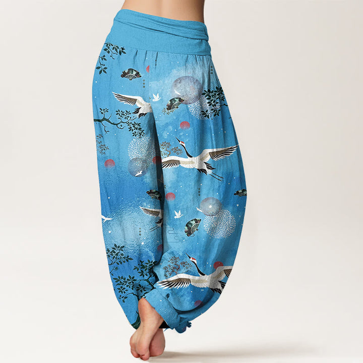 Buddha Stones Cotton Traditional Crane Pine Tree Bird Fan Sun Pattern Women's Elastic Waist Harem Pants - image 9