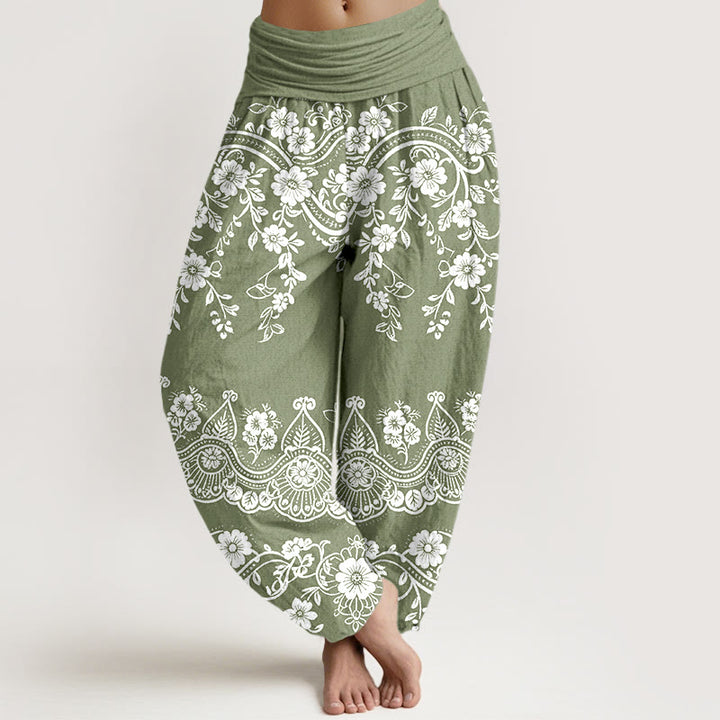 Buddha Stones Cotton Traditional Flower Vine Leaf Pattern Women's Elastic Waist Harem Pants - DarkSeaGreen - US16，UK/AU20，EU48 (3XL) - image 5