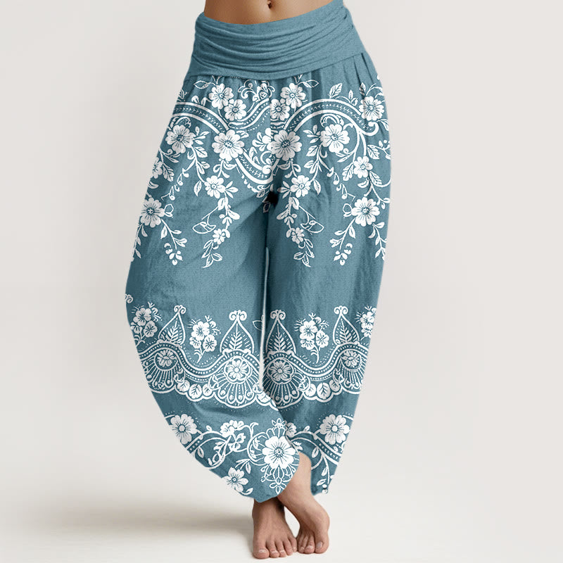 Buddha Stones Cotton Traditional Flower Vine Leaf Pattern Women's Elastic Waist Harem Pants - SkyBlue - US16，UK/AU20，EU48 (3XL) - image 8
