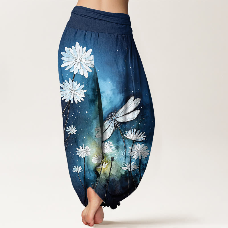 Buddha Stones Cotton Dreamy Daisy Dragonfly Pattern Women's Elastic Waist Harem Pants - image 1