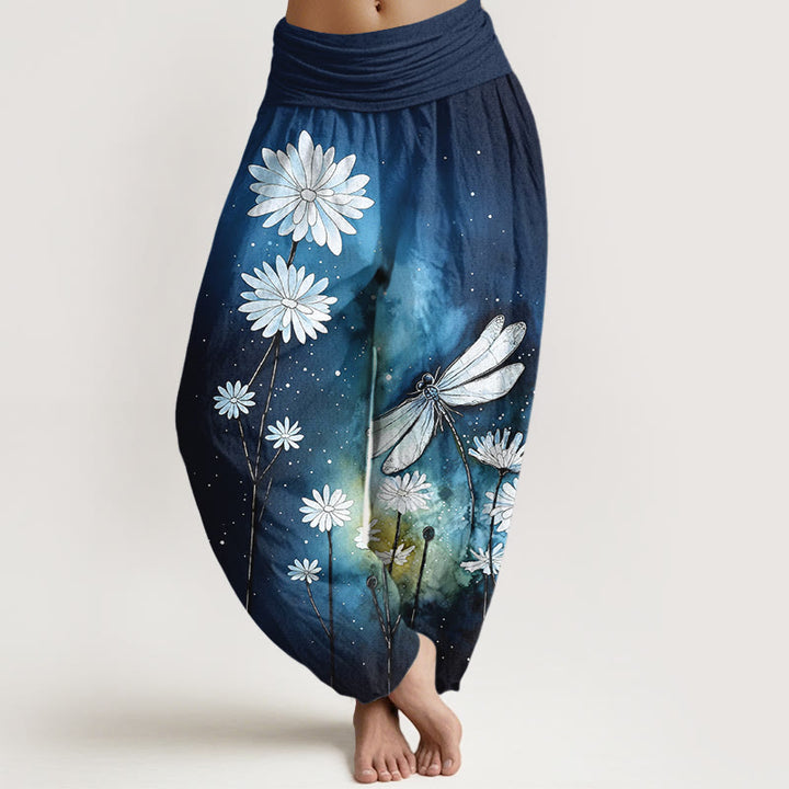 Buddha Stones Cotton Dreamy Daisy Dragonfly Pattern Women's Elastic Waist Harem Pants - DarkBlue - US16，UK/AU20，EU48 (3XL) - image 0