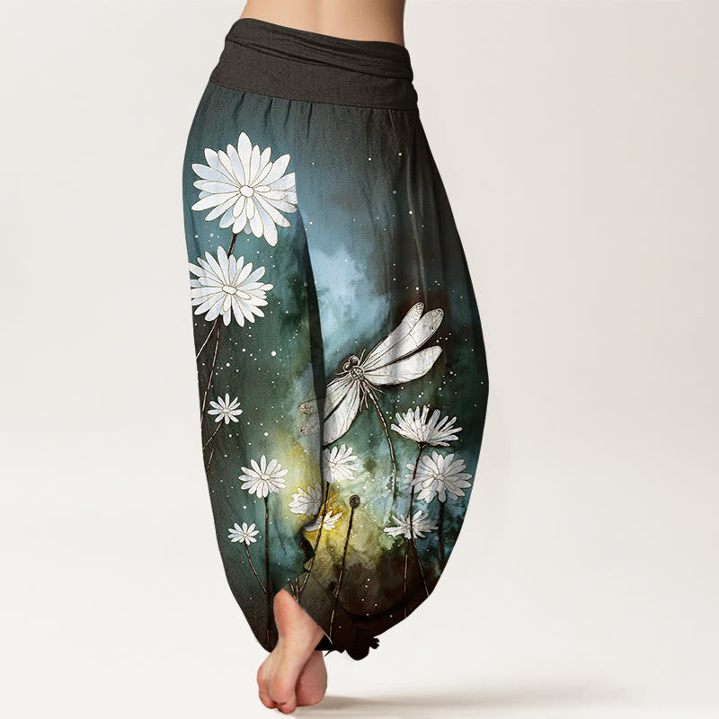 Buddha Stones Cotton Dreamy Daisy Dragonfly Pattern Women's Elastic Waist Harem Pants - image 6