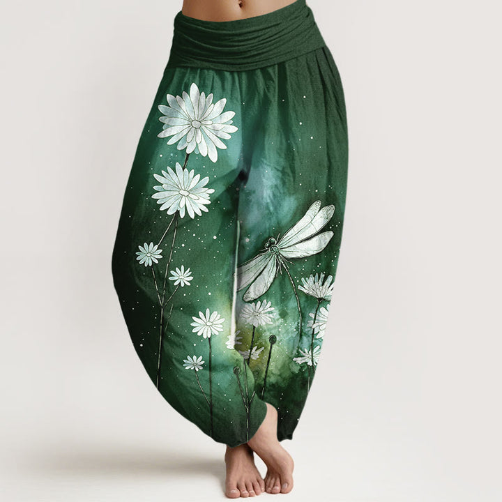 Buddha Stones Cotton Dreamy Daisy Dragonfly Pattern Women's Elastic Waist Harem Pants - DarkGreen - US16，UK/AU20，EU48 (3XL) - image 8