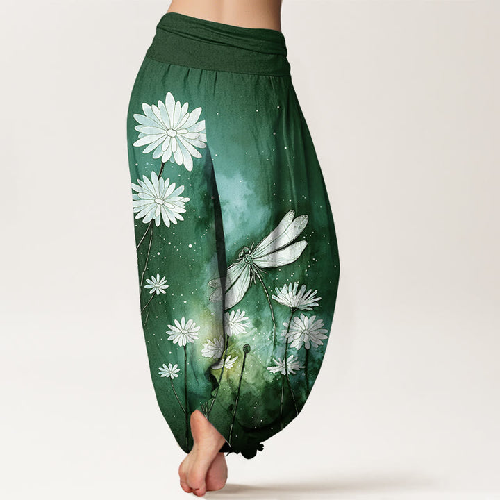 Buddha Stones Cotton Dreamy Daisy Dragonfly Pattern Women's Elastic Waist Harem Pants - image 9