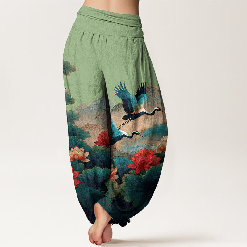 Buddha Stones Cotton Classical Lotus Flower Leaf Crane Mountain Pattern Women's Elastic Waist Harem Pants - image 1