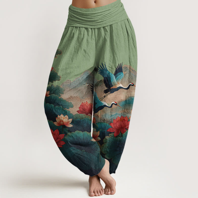 Buddha Stones Cotton Classical Lotus Flower Leaf Crane Mountain Pattern Women's Elastic Waist Harem Pants - MediumSeaGreen - US16，UK/AU20，EU48 (3XL) - image 0