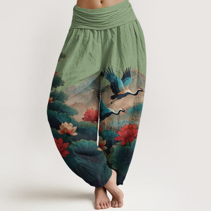 Buddha Stones Cotton Classical Lotus Flower Leaf Crane Mountain Pattern Women's Elastic Waist Harem Pants - MediumSeaGreen - US16，UK/AU20，EU48 (3XL) - image 0