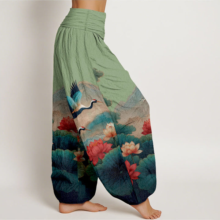 Buddha Stones Cotton Classical Lotus Flower Leaf Crane Mountain Pattern Women's Elastic Waist Harem Pants - image 2
