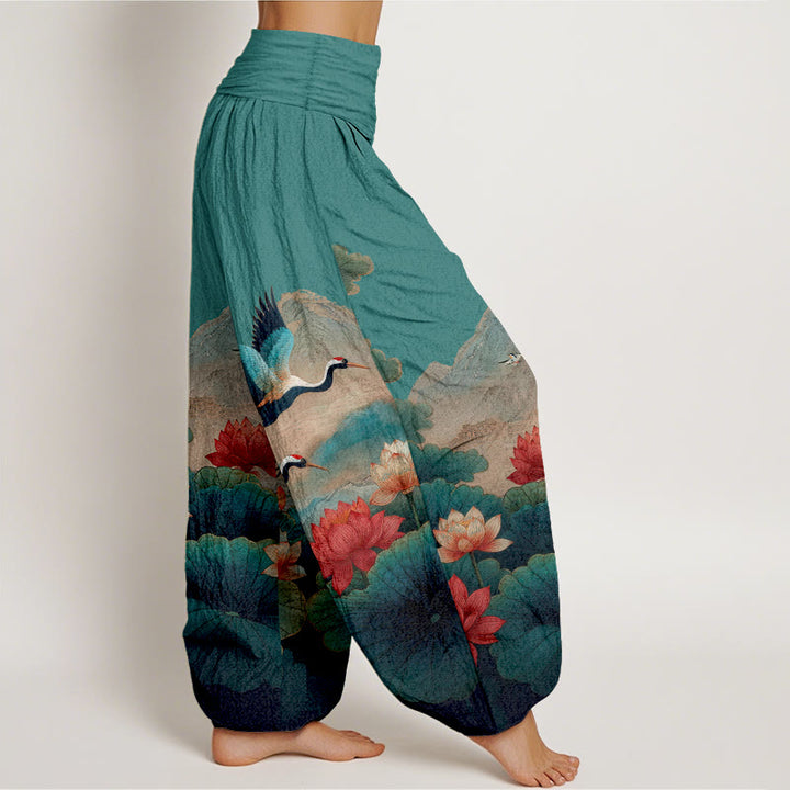 Buddha Stones Cotton Classical Lotus Flower Leaf Crane Mountain Pattern Women's Elastic Waist Harem Pants - image 7