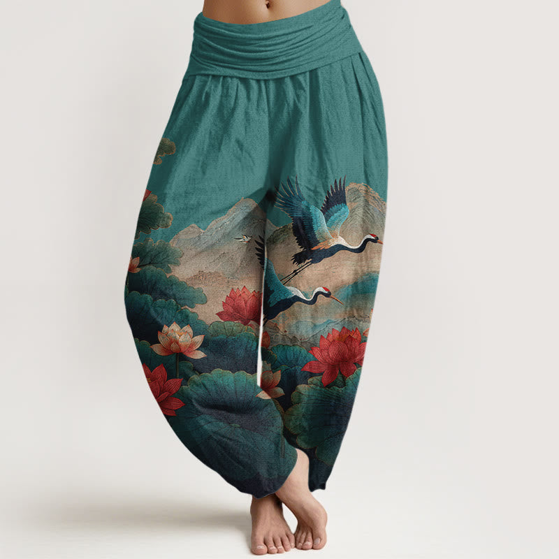 Buddha Stones Cotton Classical Lotus Flower Leaf Crane Mountain Pattern Women's Elastic Waist Harem Pants - Teal - US16，UK/AU20，EU48 (3XL) - image 5