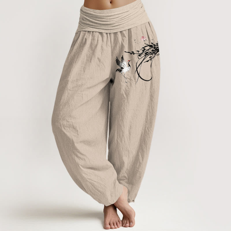 Buddha Stones Pure Cotton Minimalist Style Crane Lotus Branch Leaf Pattern Women's Elastic Waist Harem Pants - Tan - US16，UK/AU20，EU48 (3XL) - image 0