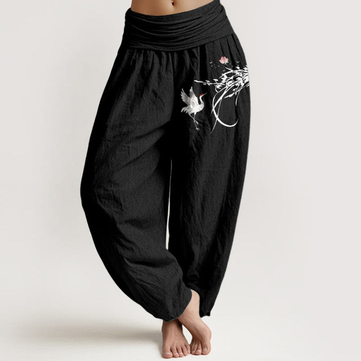Buddha Stones Pure Cotton Minimalist Style Crane Lotus Branch Leaf Pattern Women's Elastic Waist Harem Pants - Black - US16，UK/AU20，EU48 (3XL) - image 5