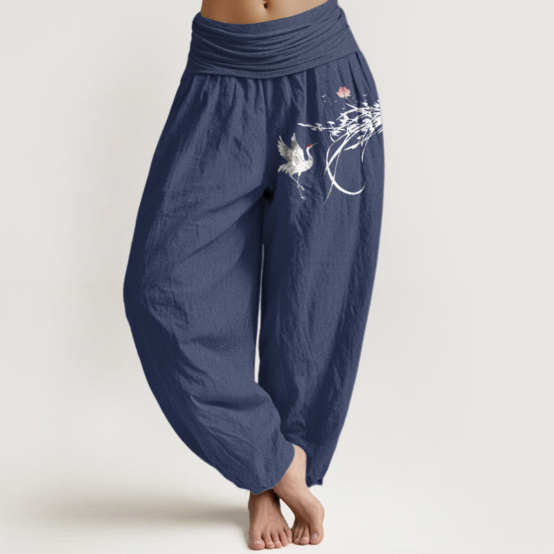 Buddha Stones Pure Cotton Minimalist Style Crane Lotus Branch Leaf Pattern Women's Elastic Waist Harem Pants - DarkSlateBlue - US16，UK/AU20，EU48 (3XL) - image 8