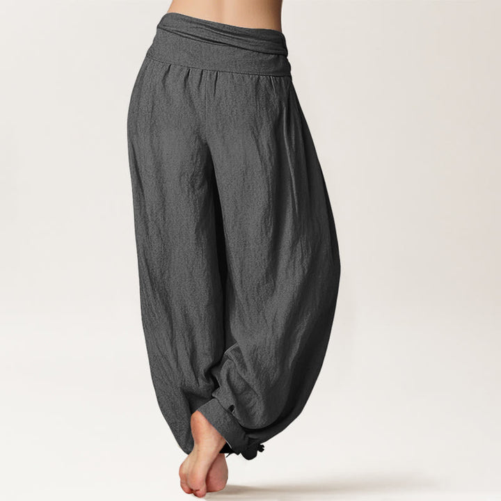 Buddha Stones Pure Cotton Minimalist Style Crane Lotus Branch Leaf Pattern Women's Elastic Waist Harem Pants - image 12