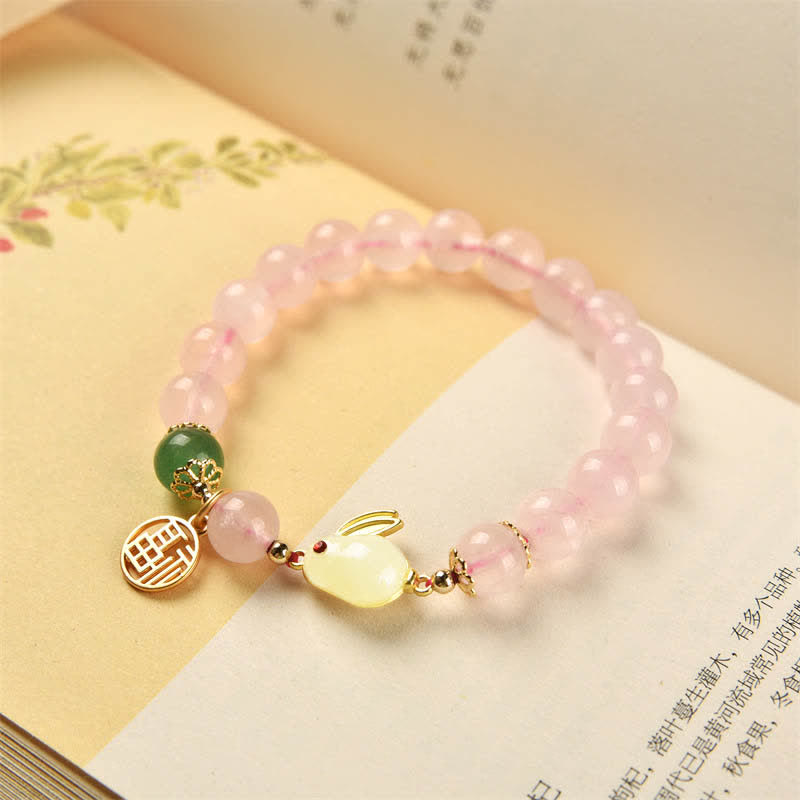 Year of the Rabbit Natural Pink Crystal Green Agate Bunny Love Happiness Bracelet - image 4