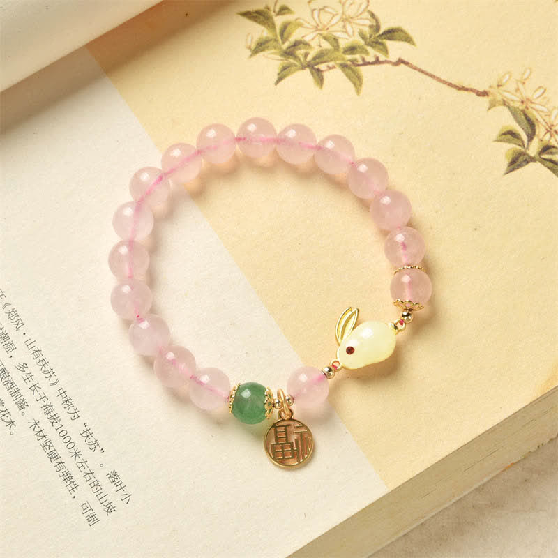 Year of the Rabbit Natural Pink Crystal Green Agate Bunny Love Happiness Bracelet - image 5