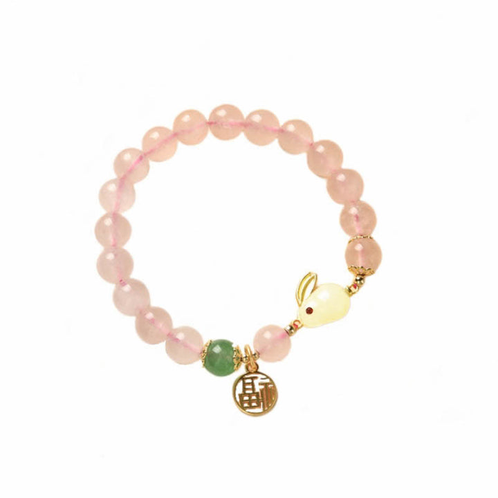Year of the Rabbit Natural Pink Crystal Green Agate Bunny Love Happiness Bracelet - image 7