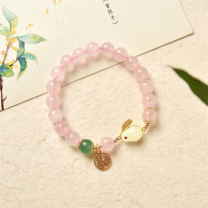 Year of the Rabbit Natural Pink Crystal Green Agate Bunny Love Happiness Bracelet - image 6